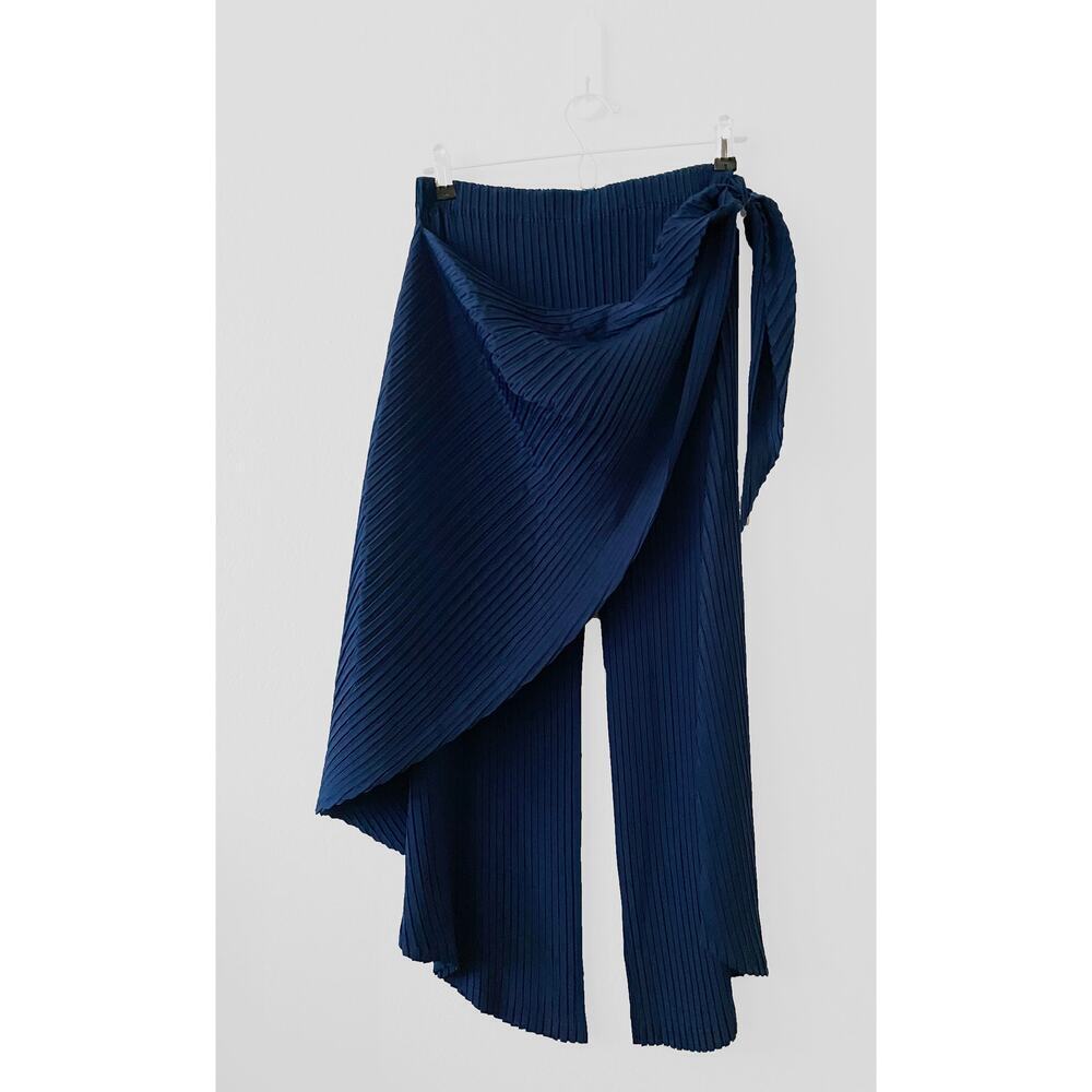 Issey Miyake Womens Blue Pleated Wide Leg Pants Side Sash Rounded Edge Lagenlook - Picture 3 of 15